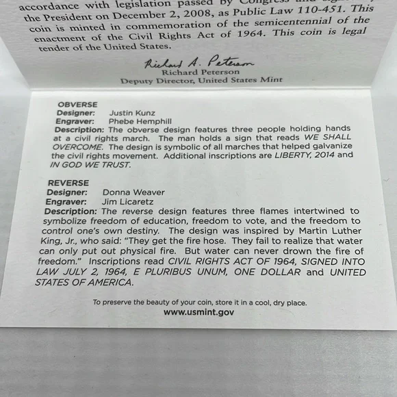 2014 Civil Rights Act of 1964 Proof Silver Dollar with COA - Picture 5 of 9